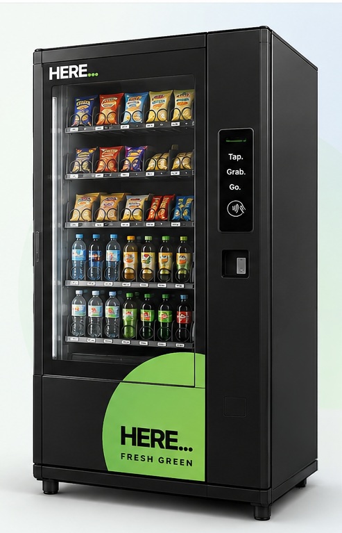 A modern HERE smart vending machine filled with drinks and snacks